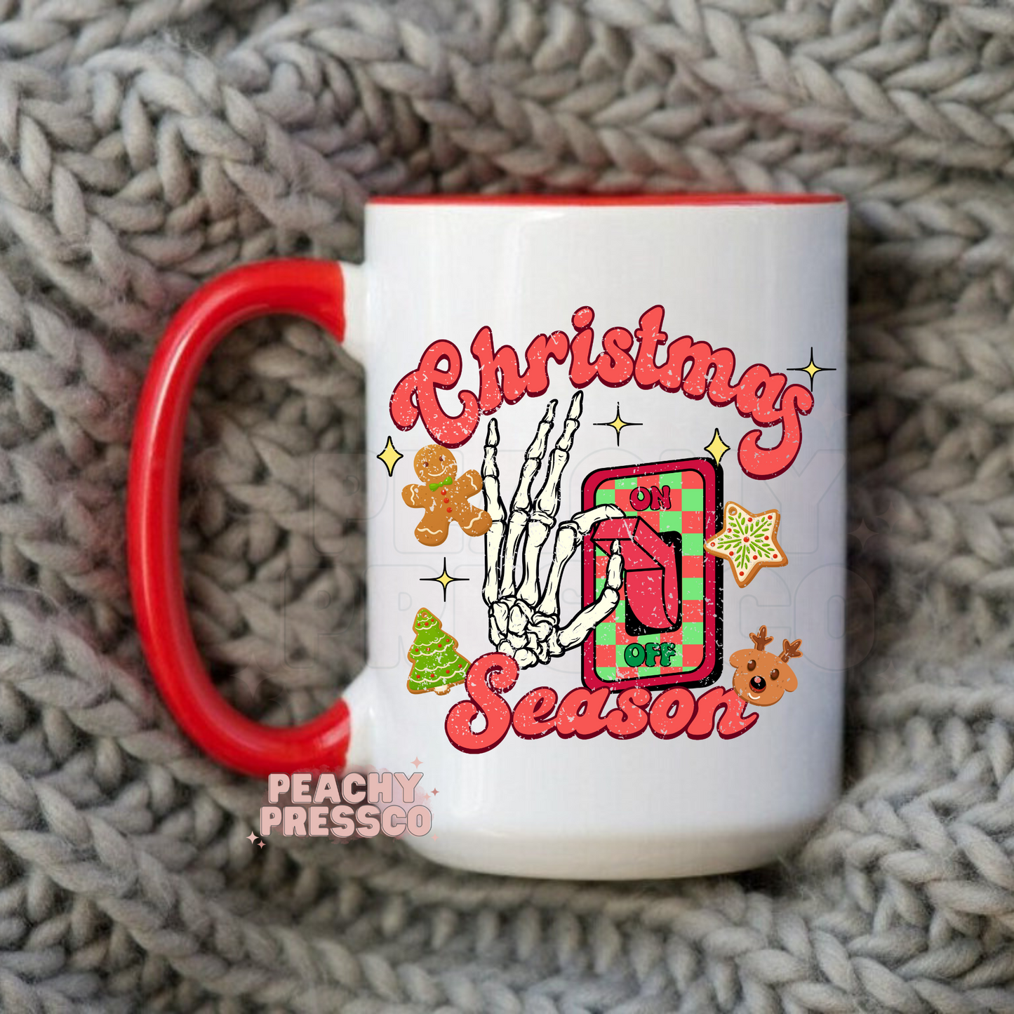 Skeleton Hand Christmas Season Mug – Funny Holiday On/Off Switch Design