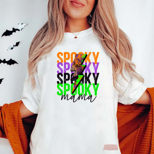 Spooky Mama Lightning Bolt Halloween Shirt – Bright Retro Trendy Apparel for Moms