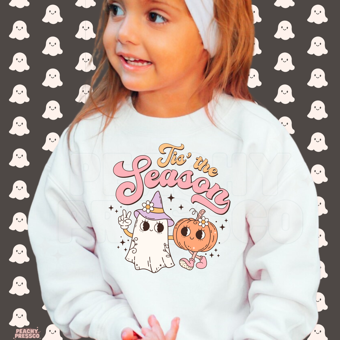 Tis’ the Season Cute Ghost & Pumpkin Sweatshirt | Adorable Halloween Kids Apparel