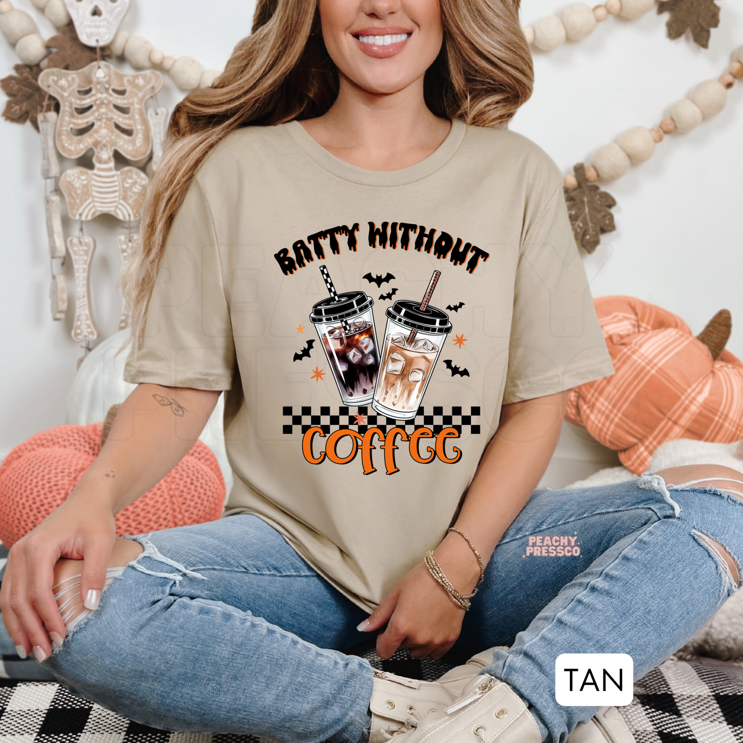 Batty Without Coffee Halloween Shirt | Spooky Season Graphic Crewneck, Apparel