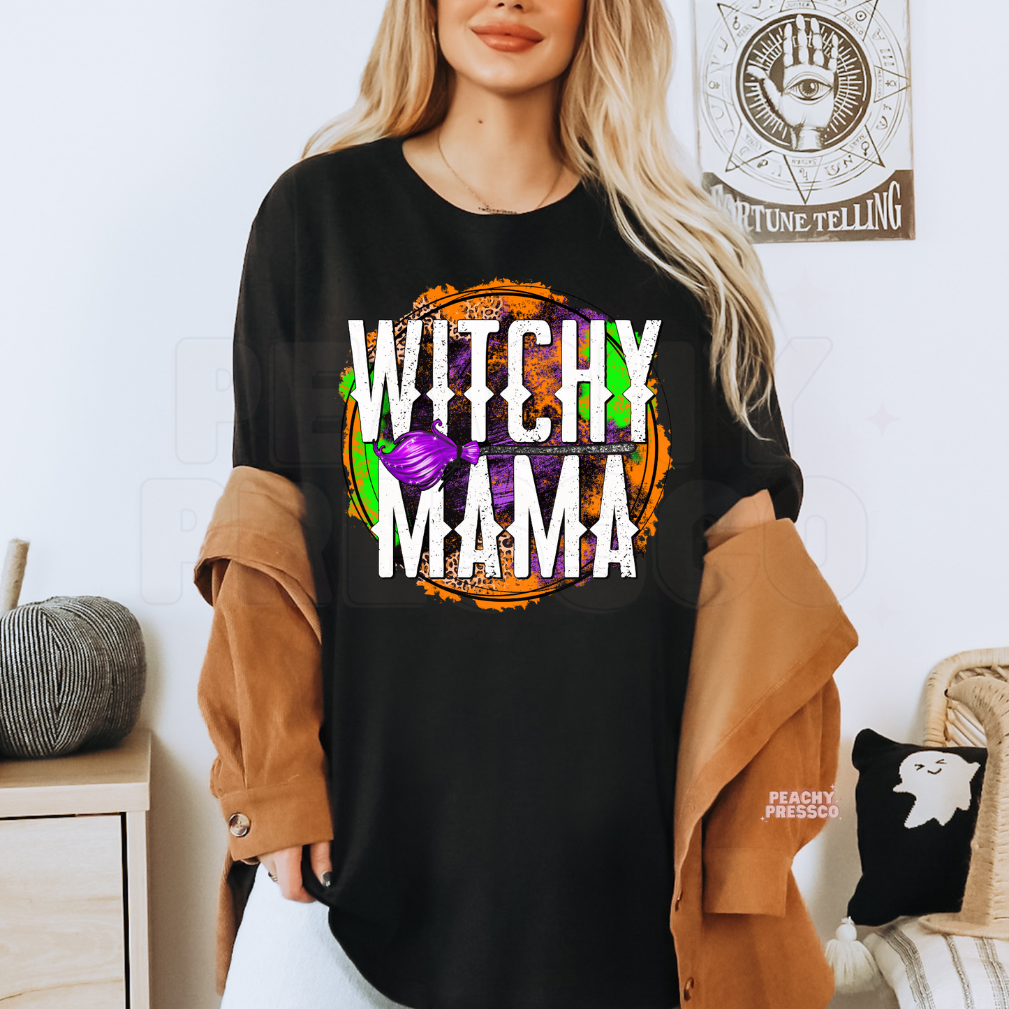 Witchy Mama Halloween Sweatshirt – Purple & Leopard Print Crewneck, Apparel