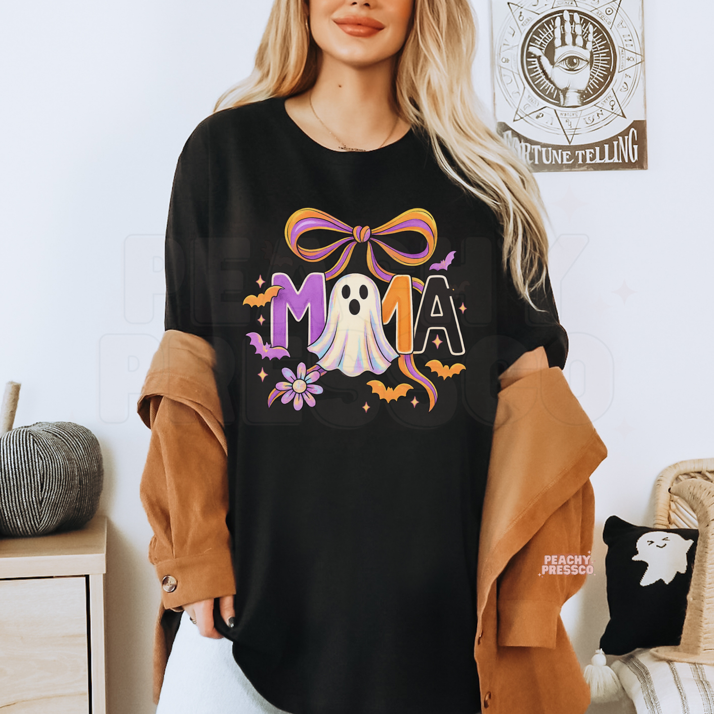 Halloween MAMA Sweatshirt | Cute Ghost & Bow Design for Moms | Cozy Crewneck with Bats & Flowers, Apparel