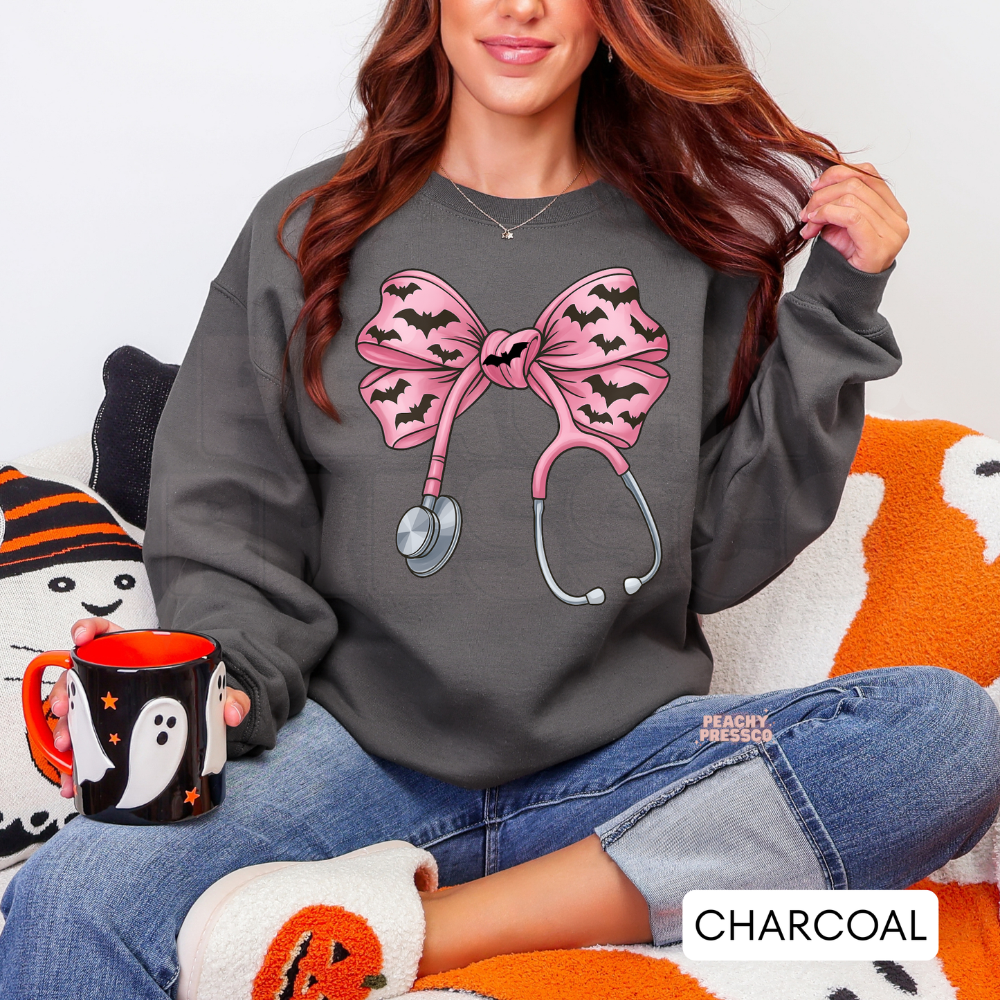 Halloween Nurse Shirt – Pink Bat Bow Stethoscope Sweatshirt – Cute Spooky Medical Healthcare Workers, Apparel