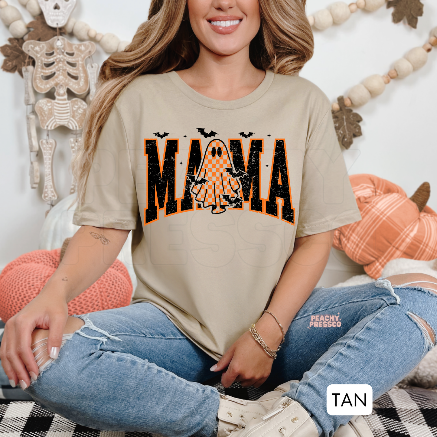 Checker Ghost MAMA Halloween Sweatshirt | Spooky Cute Pullover for Moms | Cozy Crewneck for Spooky Season, Apparel