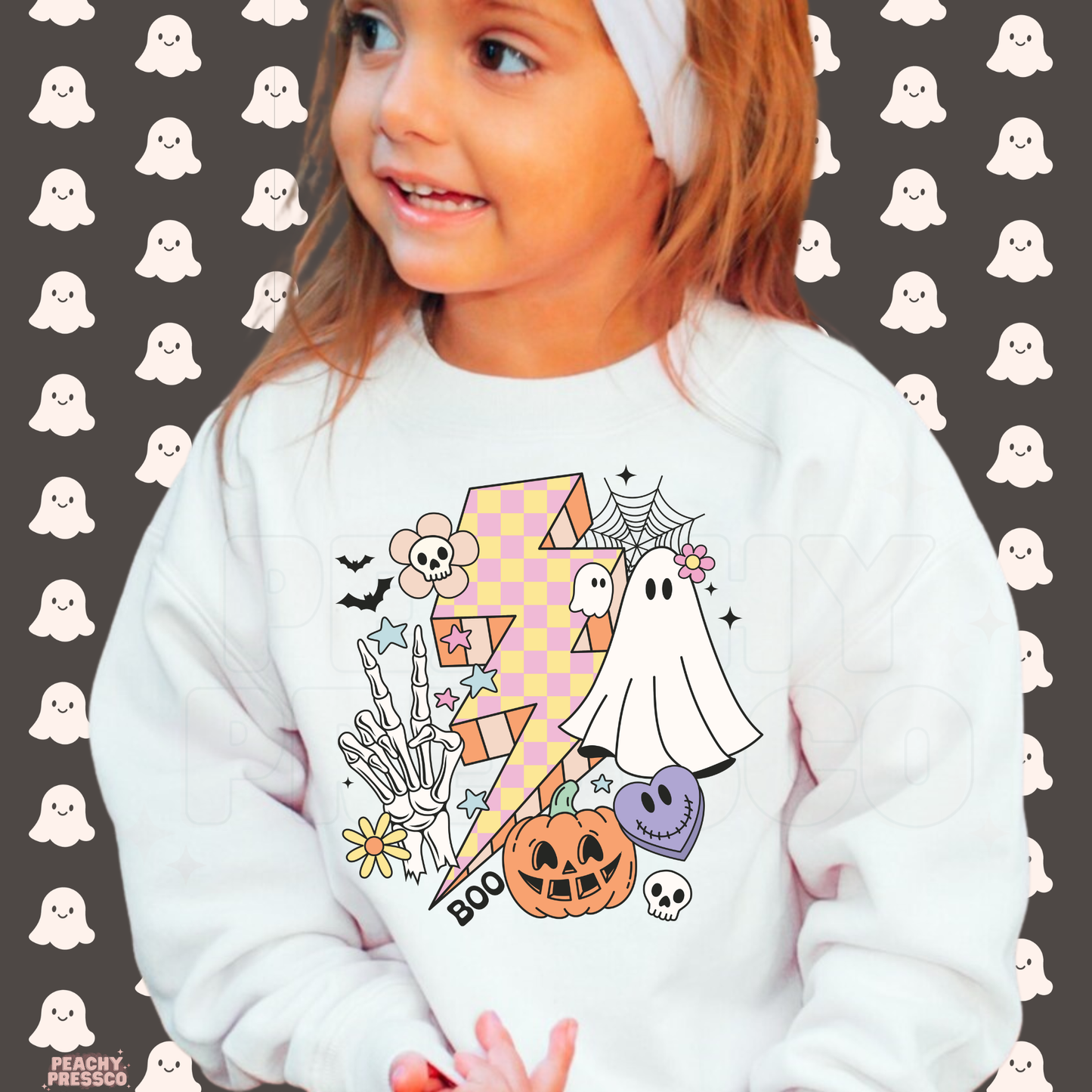 Cute Ghost & Pumpkin Lightning Bolt Halloween Shirt, Kids Apparel