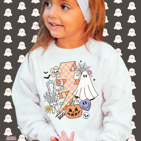 Cute Ghost & Pumpkin Lightning Bolt Halloween Shirt, Kids Apparel