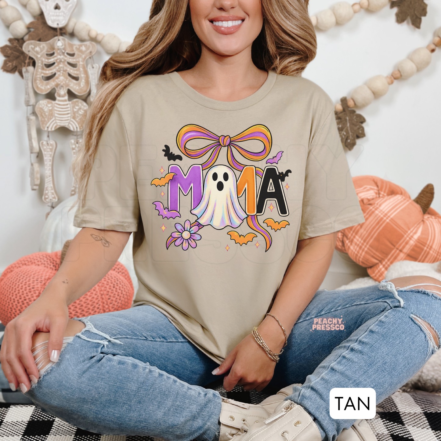 Halloween MAMA Sweatshirt | Cute Ghost & Bow Design for Moms | Cozy Crewneck with Bats & Flowers, Apparel