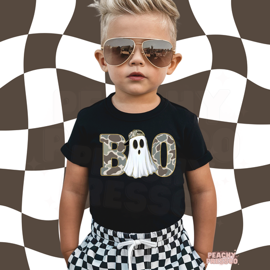 Cool Camo Ghost “BOO” Halloween Shirt – Spooky & Fun, Kids Apparel