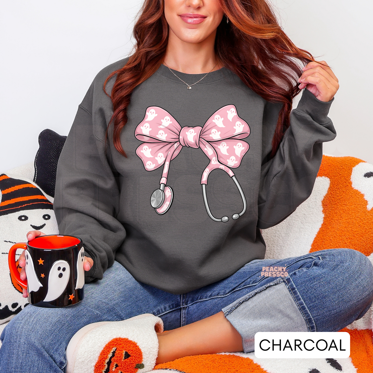 Cute Ghost Bow Nurse Halloween Shirt | Pink Stethoscope Sweatshirt, Healthcare Workers, Medical Professionals & Nurses, Apparel