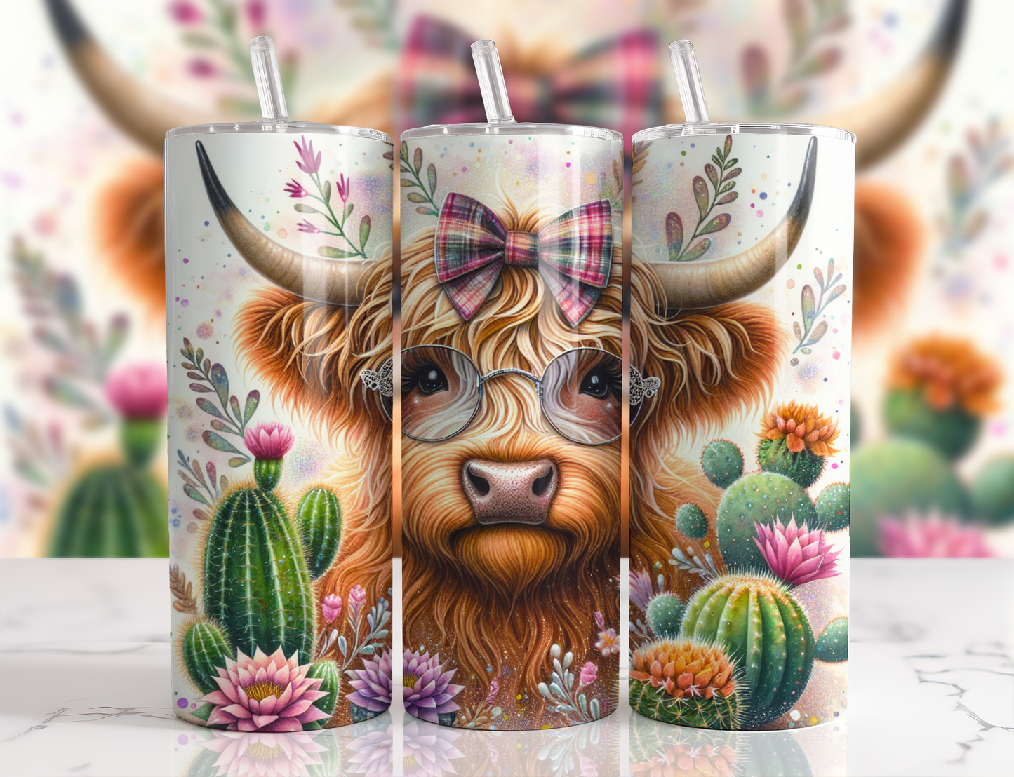 Highland Cow Tumbler – Cactus & Plaid Bow Western Boho Drinkware