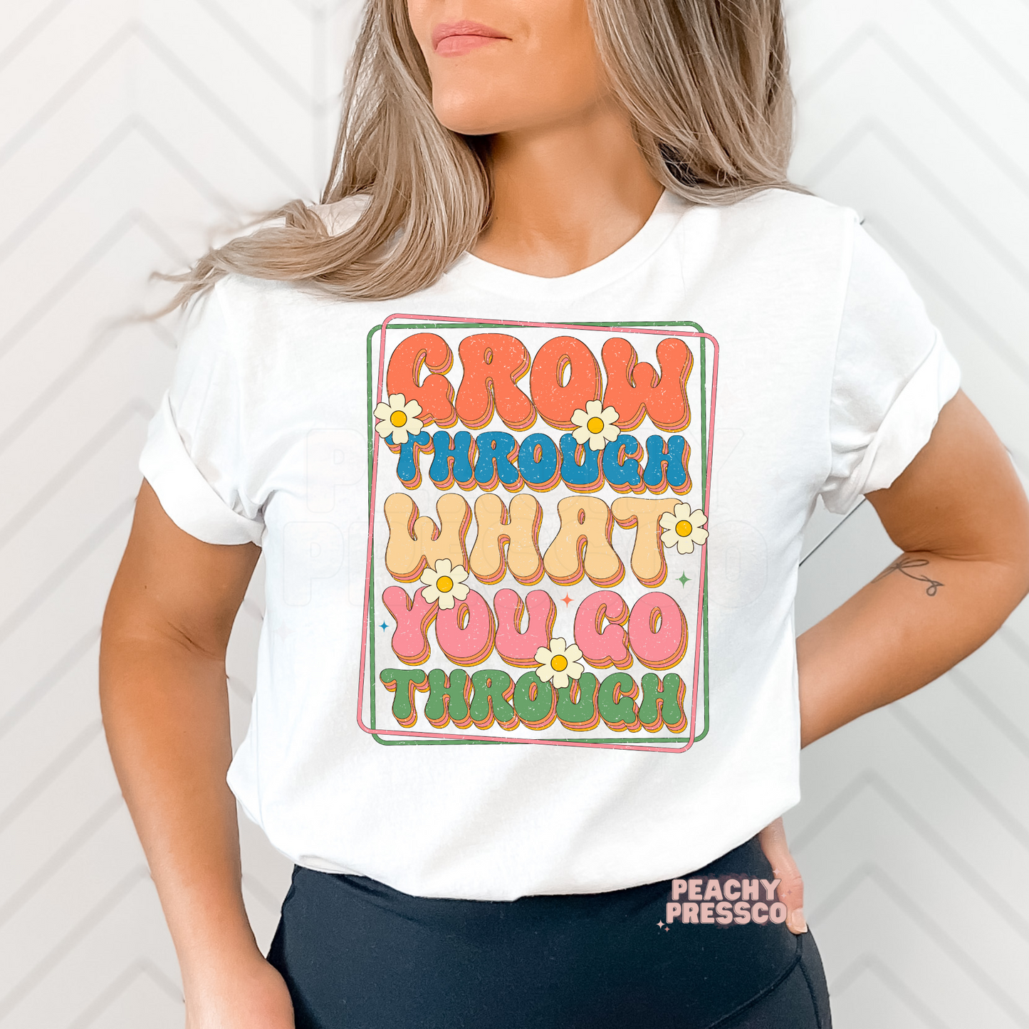 Grow Through What You Go Through T-Shirt – Motivational Flower Graphic, Positive Retro Style
