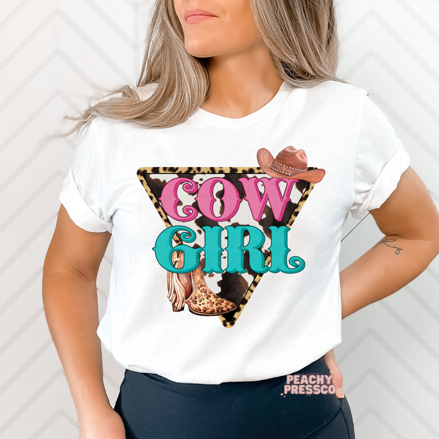 Retro Cow Girl Tee – Leopard Triangle Western Apparel with Hat & Boots