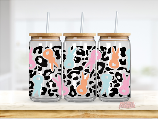 Colorful Bunny Glass Cup – 16oz Leopard Print Cup with Bamboo Lid & Straw