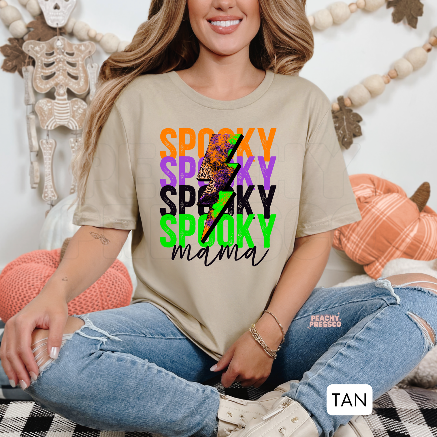 Spooky Mama Lightning Bolt Halloween Shirt – Bright Retro Trendy Apparel for Moms