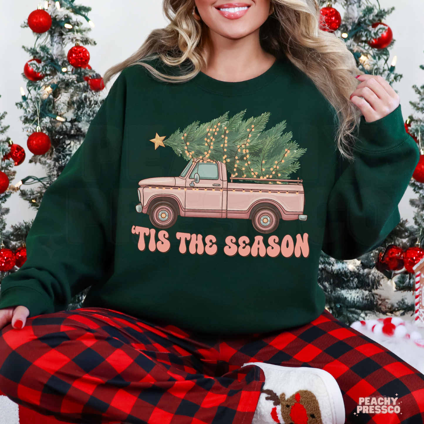 Pink Christmas Truck Sweatshirt | Tis The Season Tree, Holiday Apparel