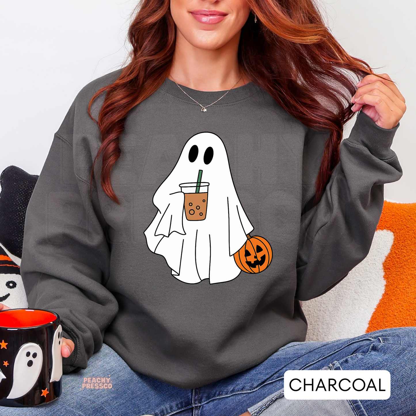 Ghost with Pumpkin & Iced Coffee Drink Shirt | Cute Halloween Crewneck, Apparel