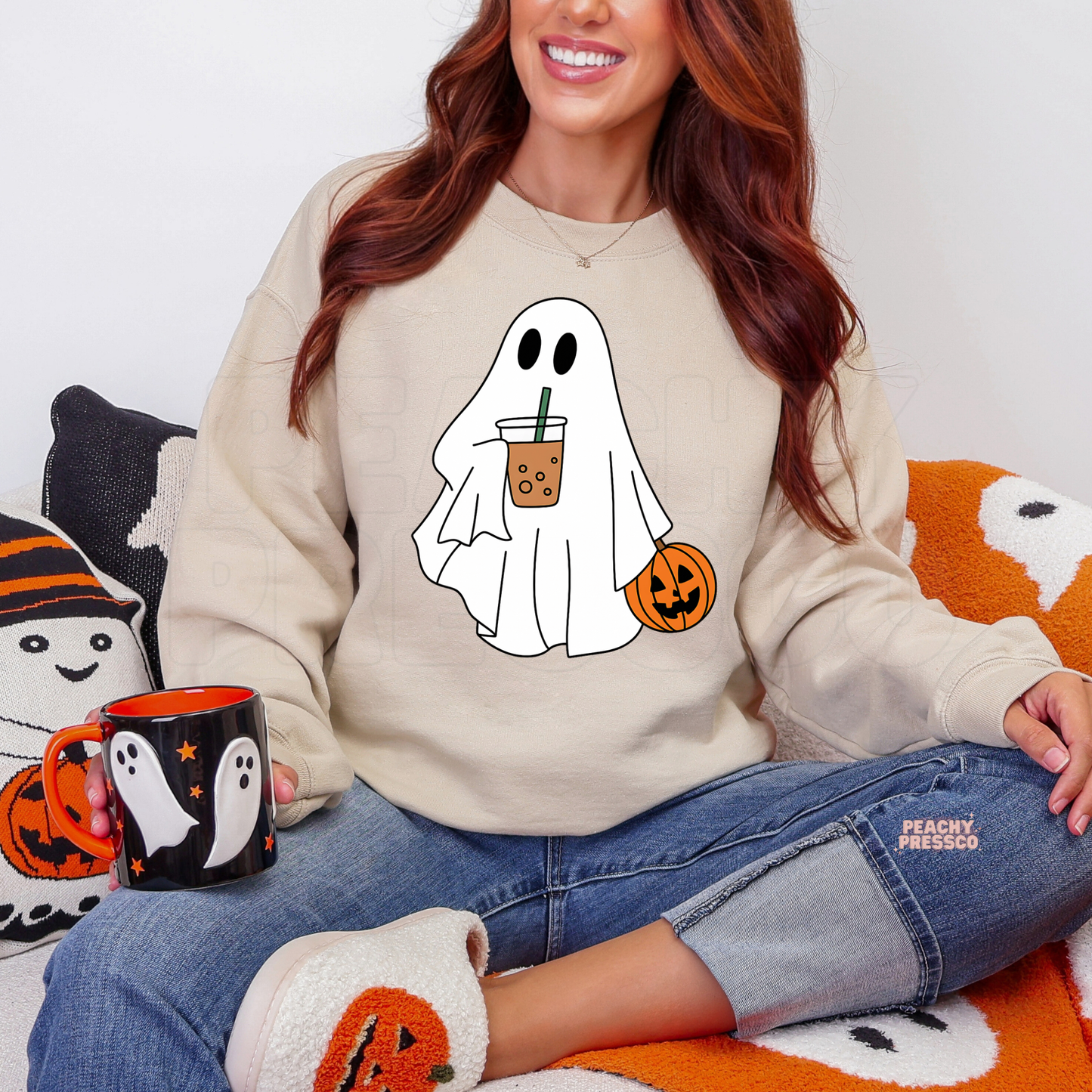 Ghost with Pumpkin & Iced Coffee Drink Shirt | Cute Halloween Crewneck, Apparel