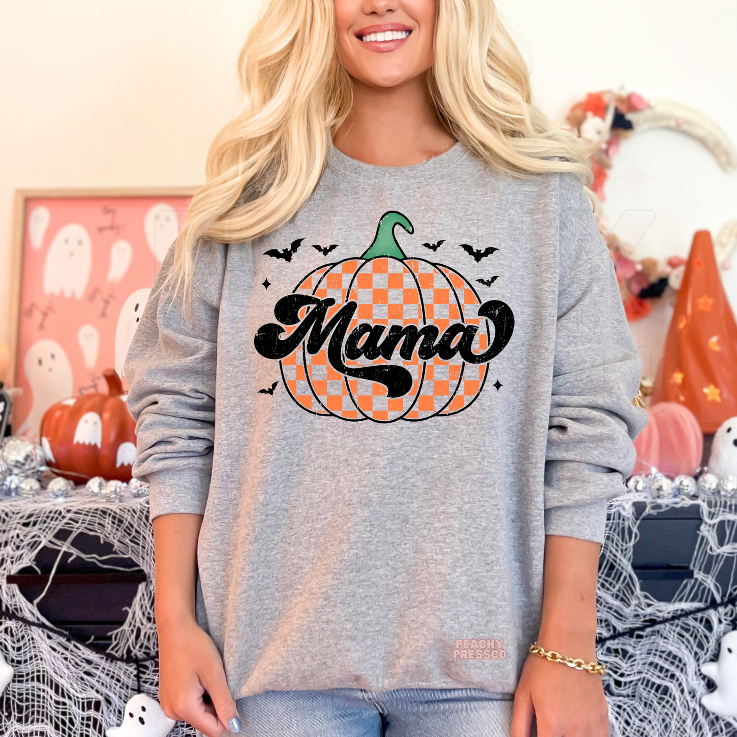 Pumpkin MAMA Halloween Sweatshirt | Orange Checker Pumpkin Crewneck for Moms | Cozy Pullover, Apparel