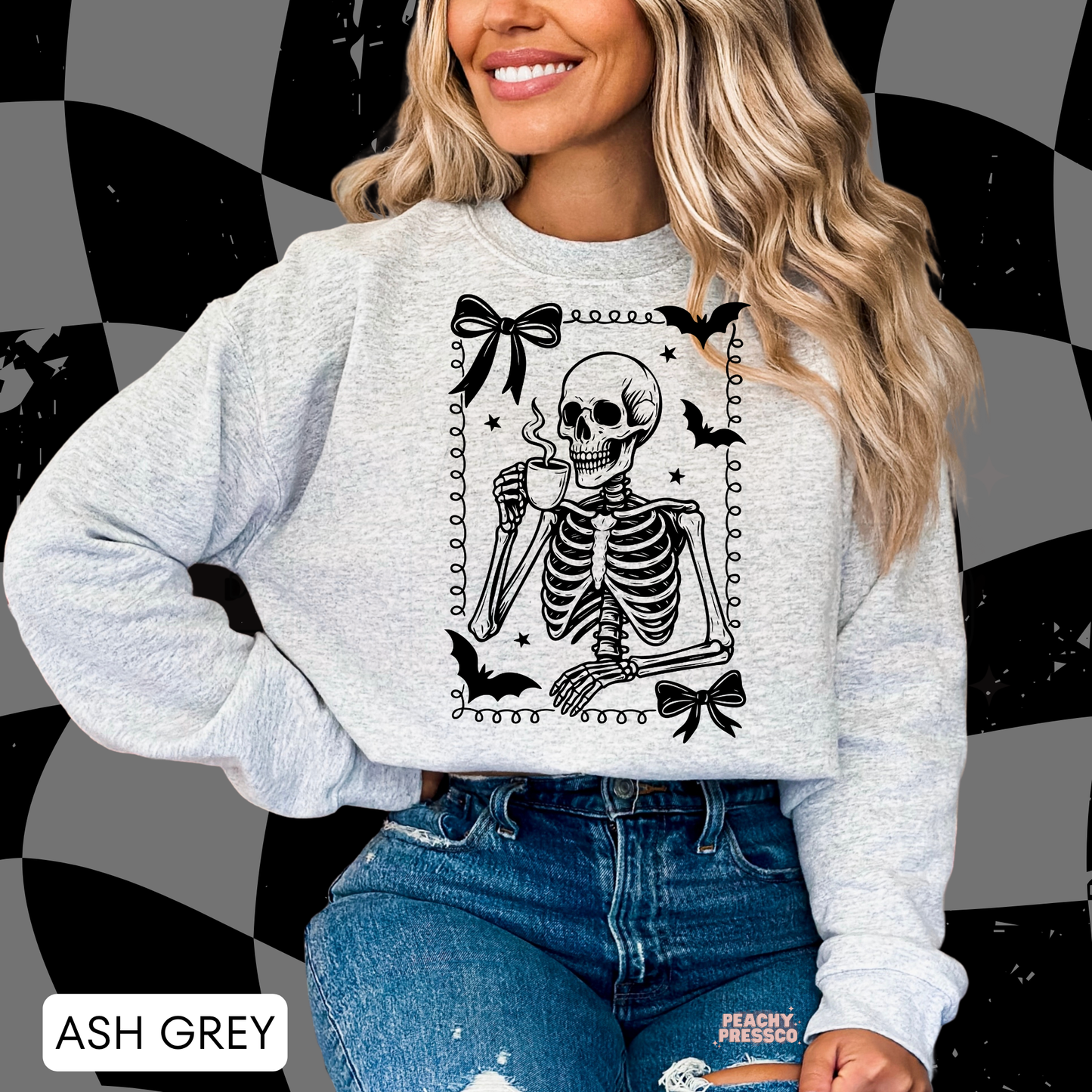 Cute Skeleton Coffee Cup Shirt | Halloween Bow Skull Graphic Crewneck, Apparel