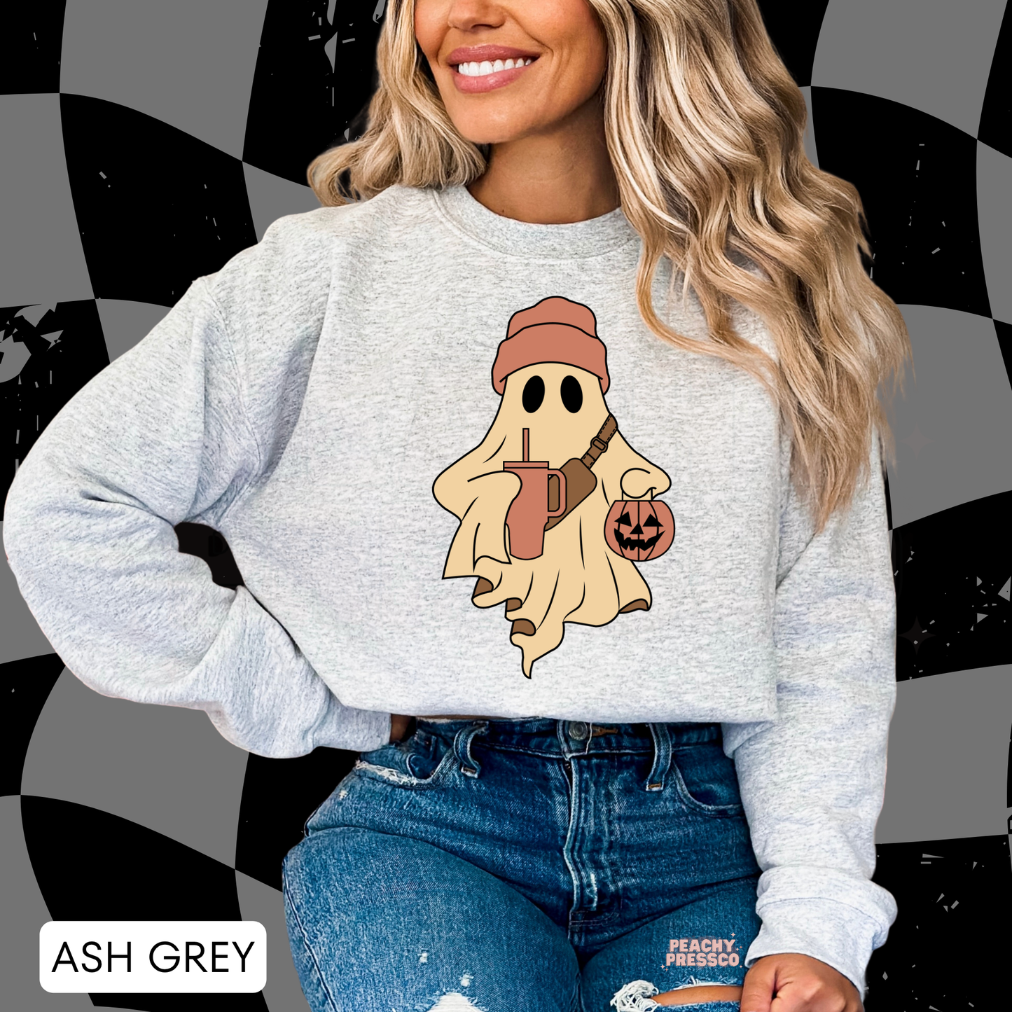 Ghost with Pumpkin & Drink Shirt | Cute Halloween Graphic Crewneck, Apparel