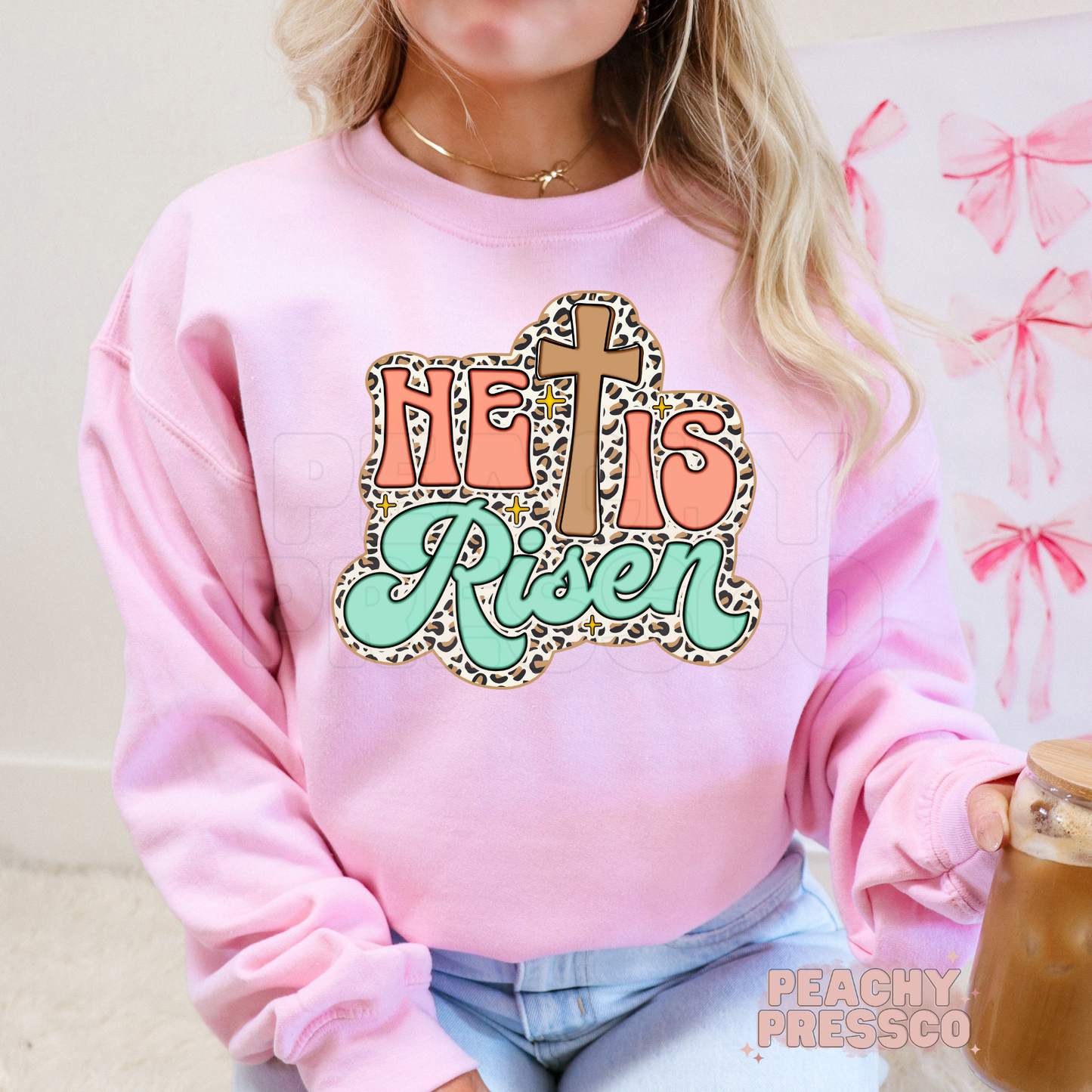 He Is Risen Leopard Print Cross Sweatshirt – Retro Coral & Mint Pastel Christian Pullover