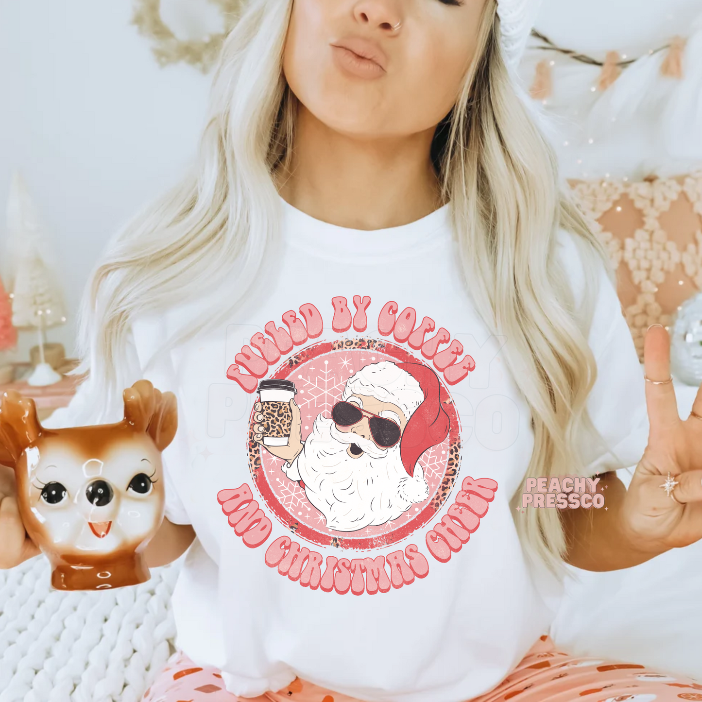 Fueled by Coffee & Christmas Cheer T-Shirt – Cool Santa Holiday Apparel