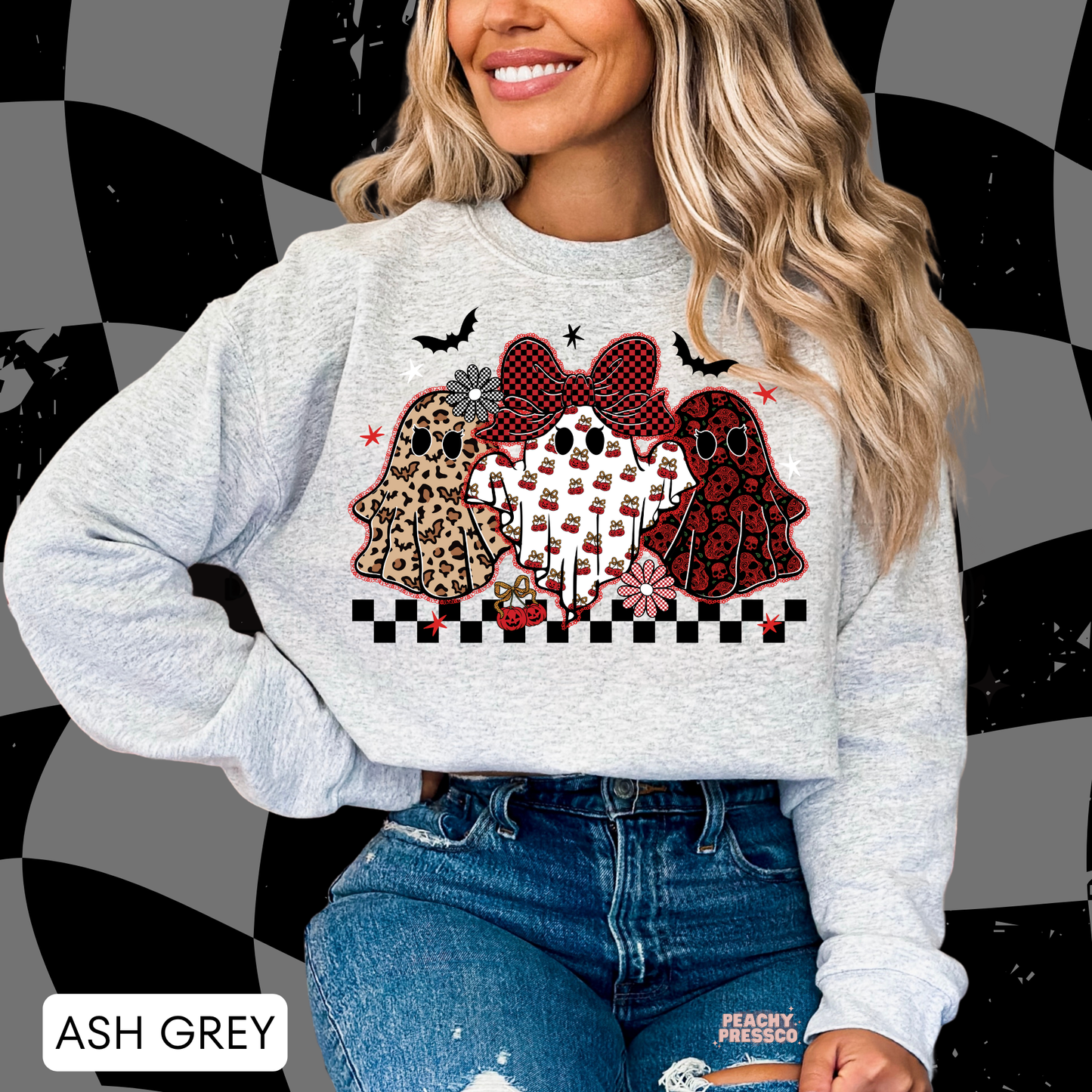 Ghost Trio Halloween Sweatshirt – Cute Aesthetic Leopard & Cherry Ghost Crewneck, Apparel