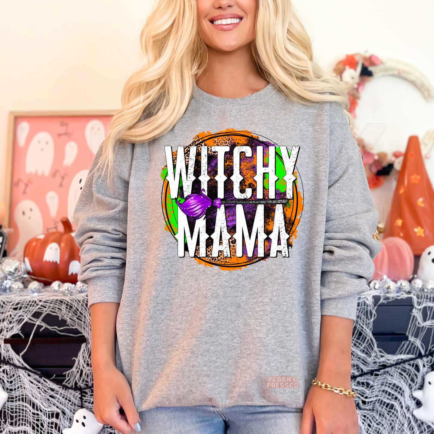 Witchy Mama Halloween Sweatshirt – Purple & Leopard Print Crewneck, Apparel
