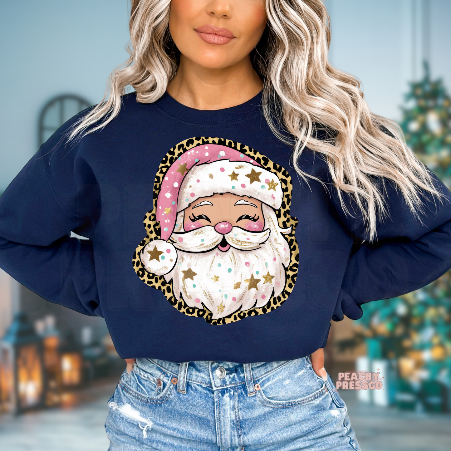 Pink Leopard Santa Face Christmas Shirt, Holiday Apparel