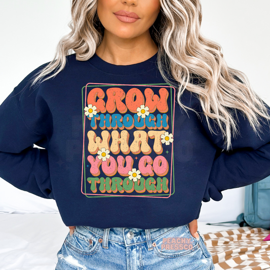 Grow Through What You Go Through T-Shirt – Motivational Flower Graphic, Positive Retro Style