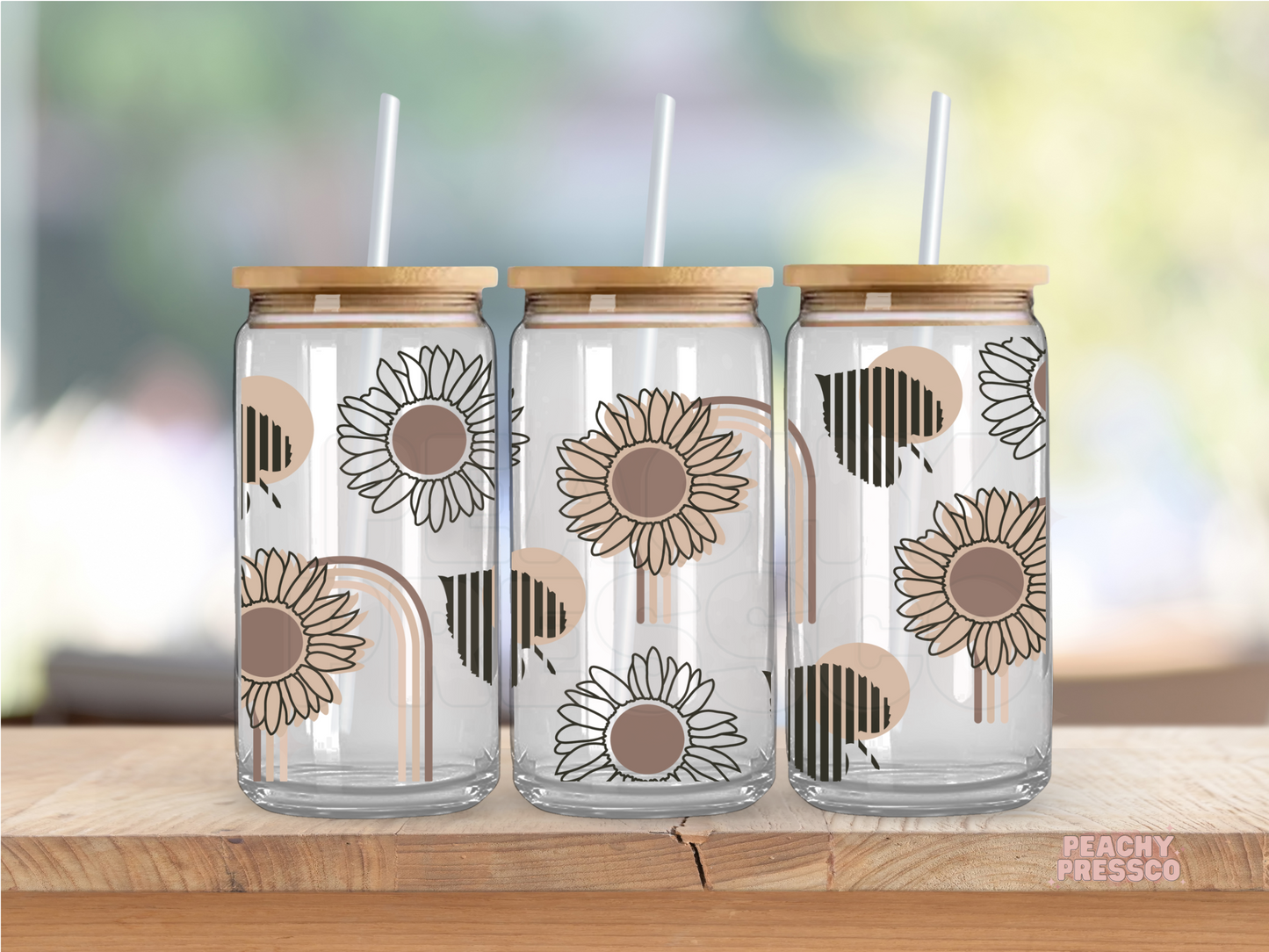 Boho Sunflower 16oz Glass Cup with Bamboo Lid & Straw