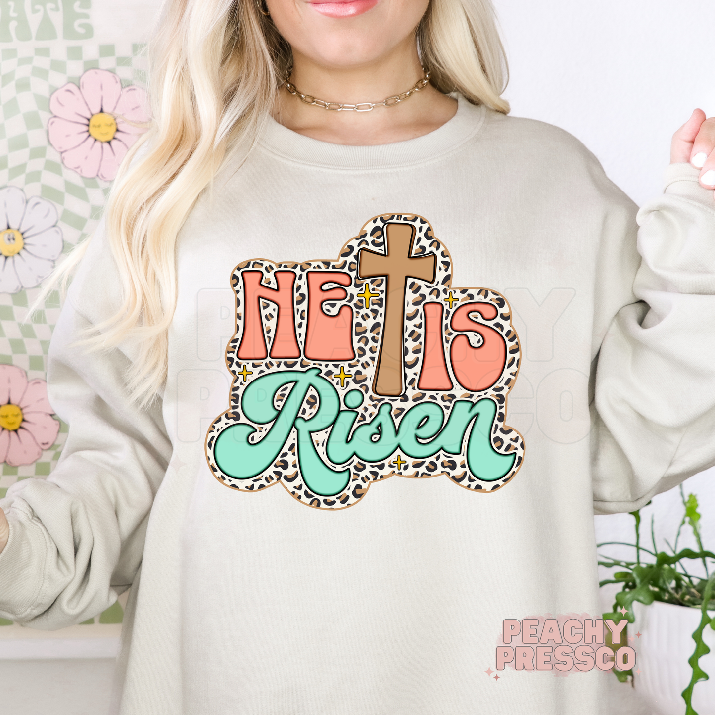 He Is Risen Leopard Print Cross Sweatshirt – Retro Coral & Mint Pastel Christian Pullover