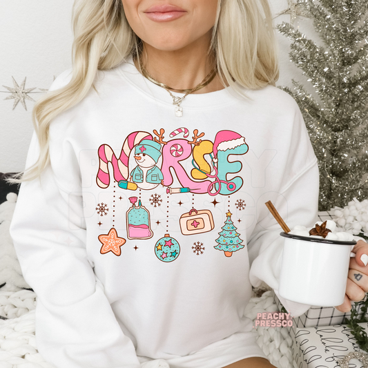 Cute Nurse Christmas Sweatshirt – Candy Cane Lettering & Medical Ornaments Apparel