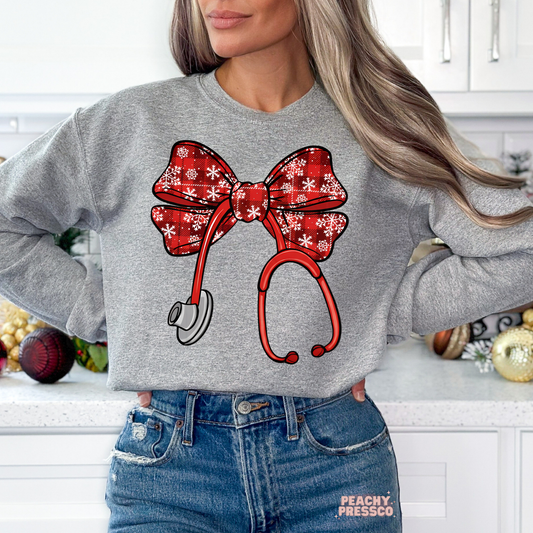 Snowflake, Red Bow Stethoscope Christmas Nurse Shirt, Holiday Apparel
