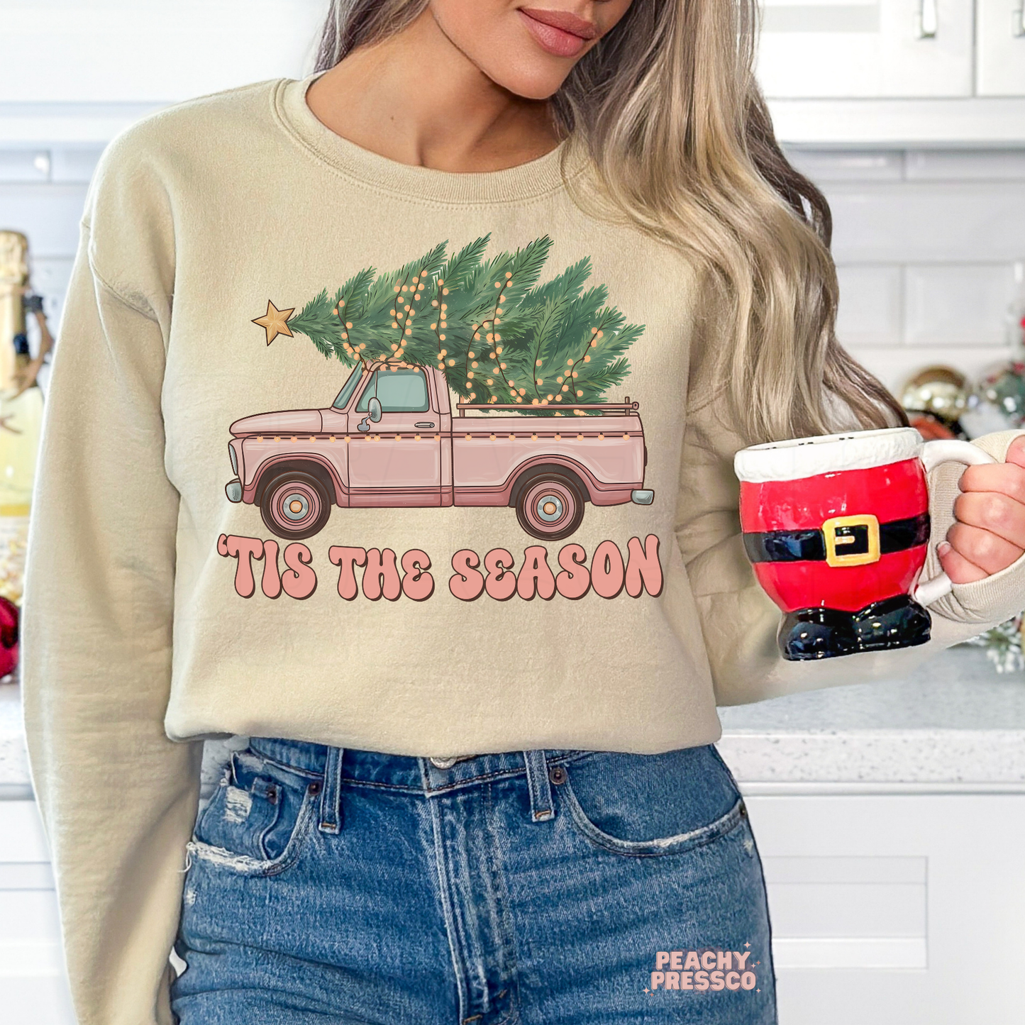 Pink Christmas Truck Sweatshirt | Tis The Season Tree, Holiday Apparel