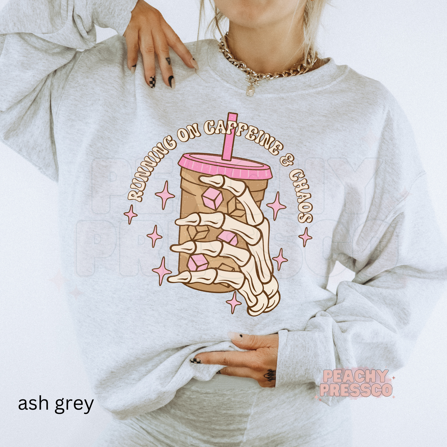 Running on Caffeine and Chaos Skeleton Crewneck Sweatshirt – Coffee Lover Aesthetic