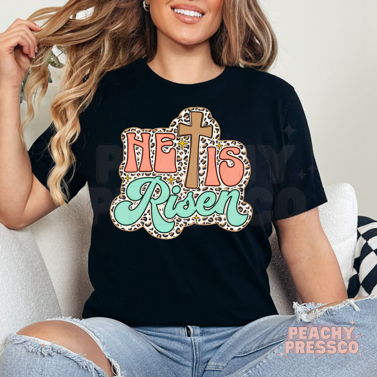 He Is Risen Leopard Print Cross Sweatshirt – Retro Coral & Mint Pastel Christian Pullover