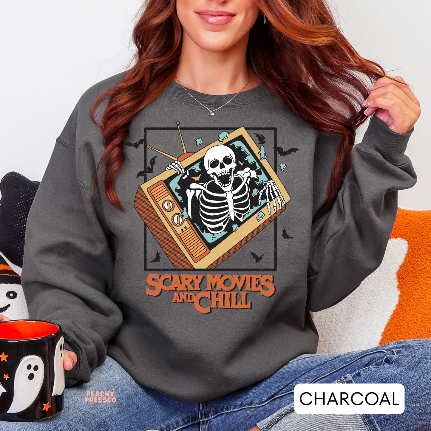 Scary Movies and Chill, Retro TV Skeleton Graphic Shirt | Halloween Movie Night Vibes Apparel
