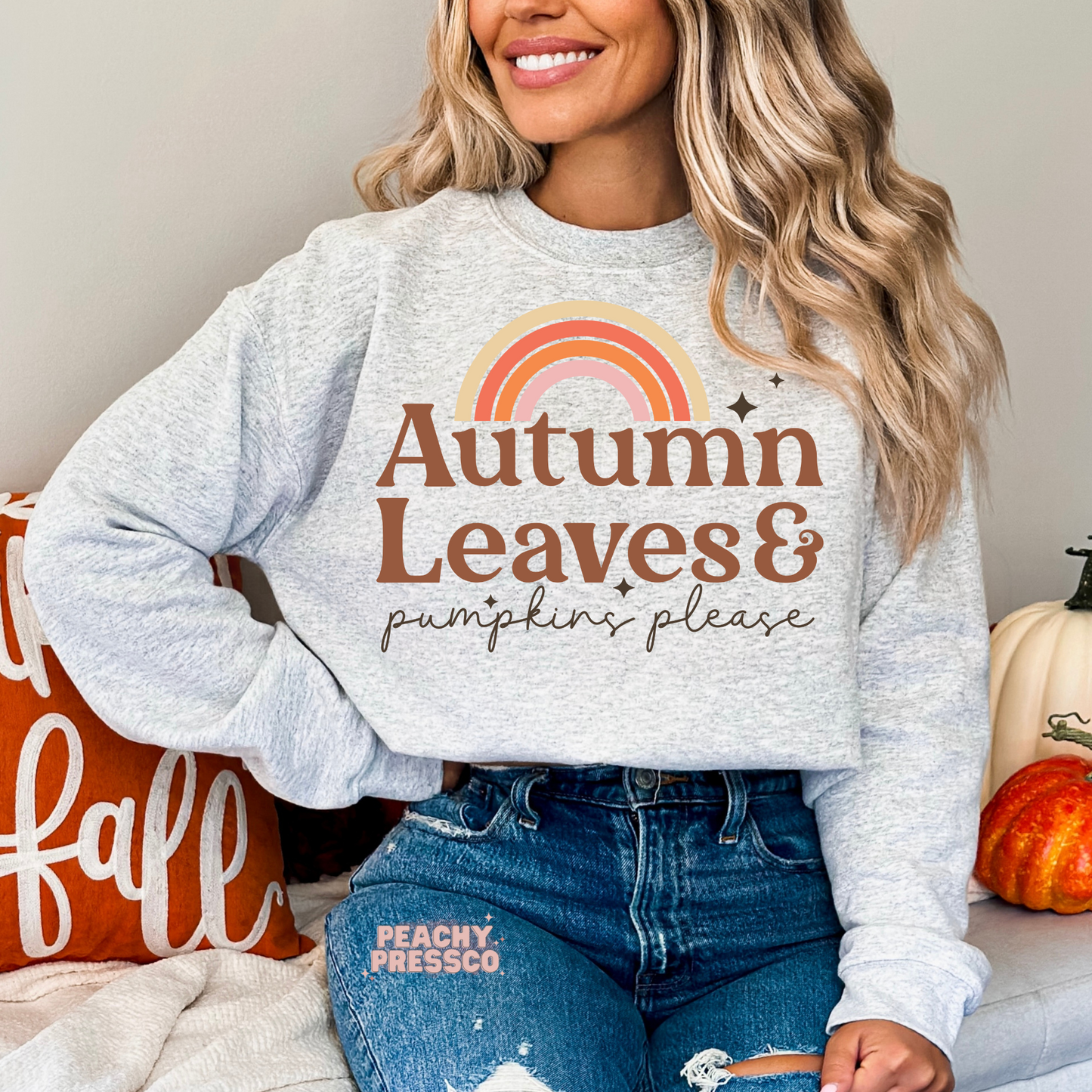 Autumn Leaves & Pumpkins Please Sweatshirt – Retro Fall Rainbow Apparel