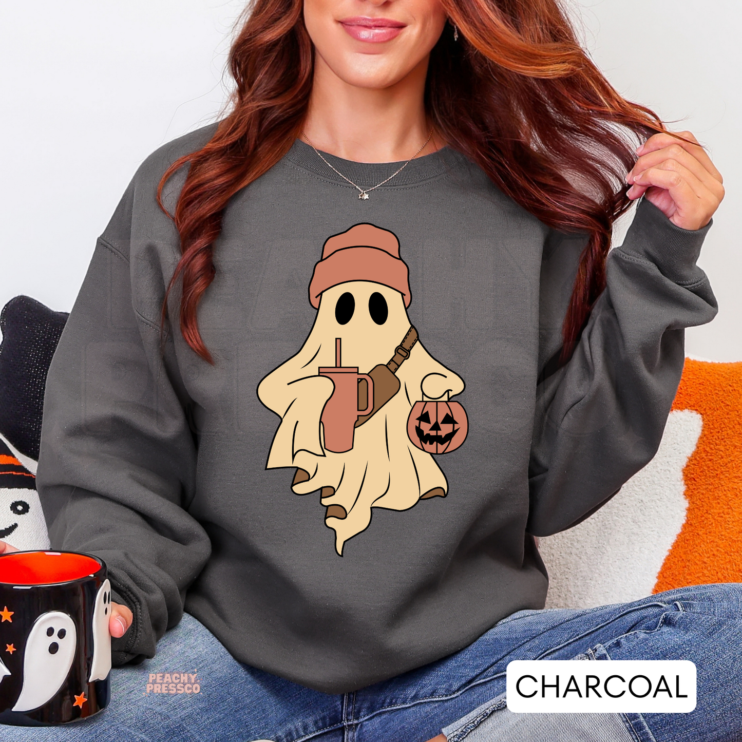 Ghost with Pumpkin & Drink Shirt | Cute Halloween Graphic Crewneck, Apparel