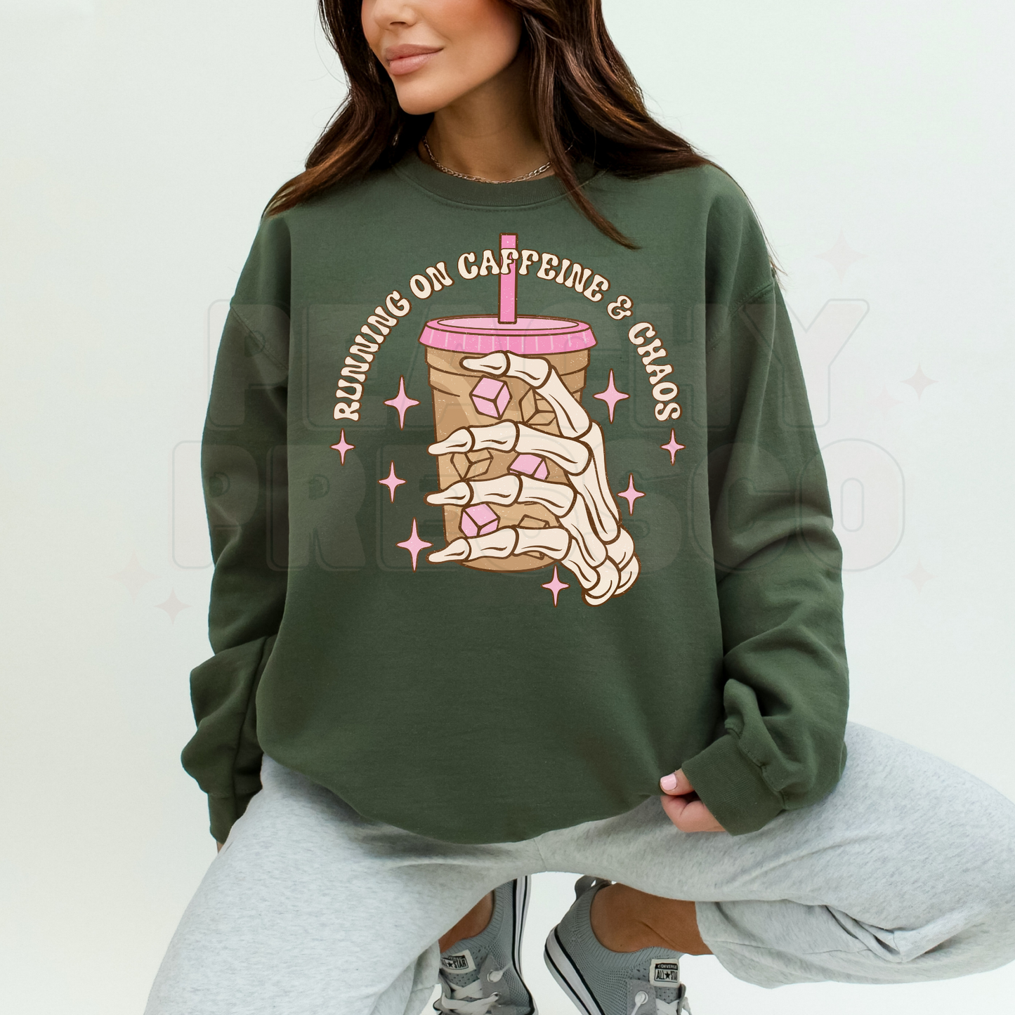 Running on Caffeine and Chaos Skeleton Crewneck Sweatshirt – Coffee Lover Aesthetic