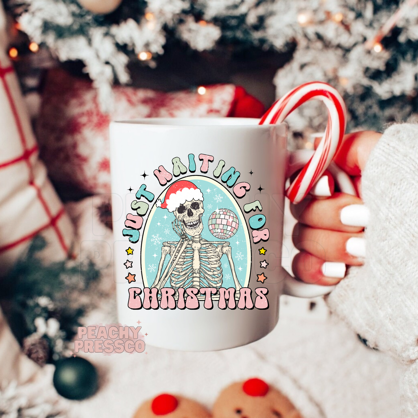 Just Waiting for Christmas Skeleton Mug – Funny Holiday Coffee Cup