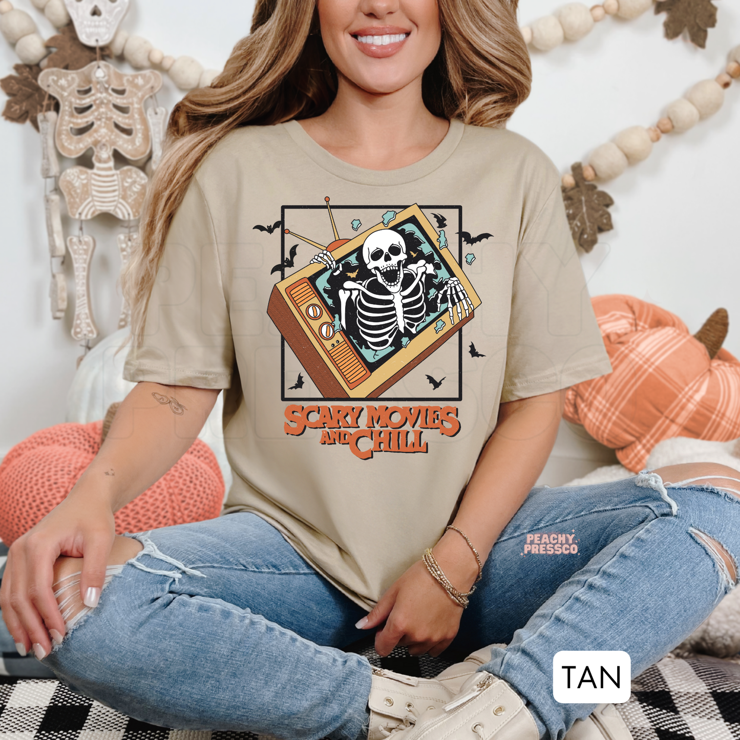 Scary Movies and Chill, Retro TV Skeleton Graphic Shirt | Halloween Movie Night Vibes Apparel