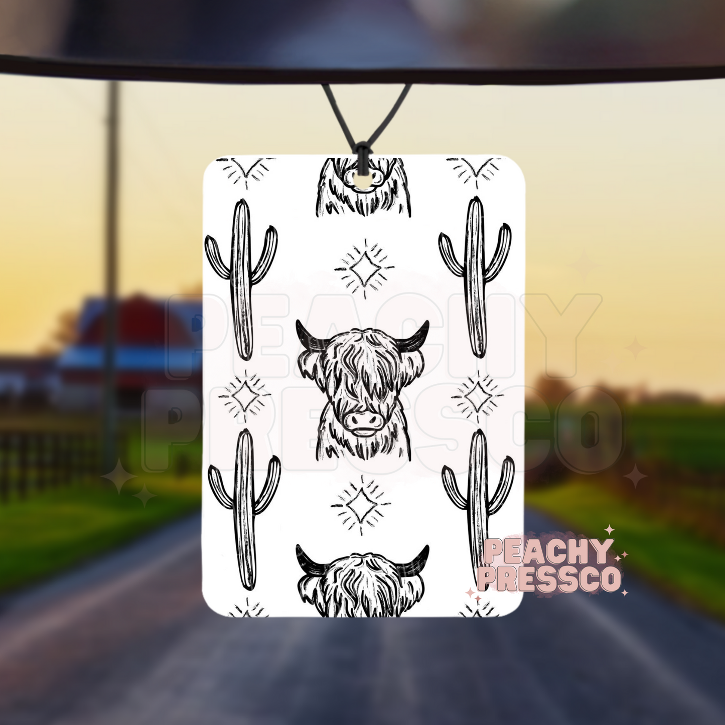 Highland Cow & Cactus Air Freshener – Western Boho Car Accessory
