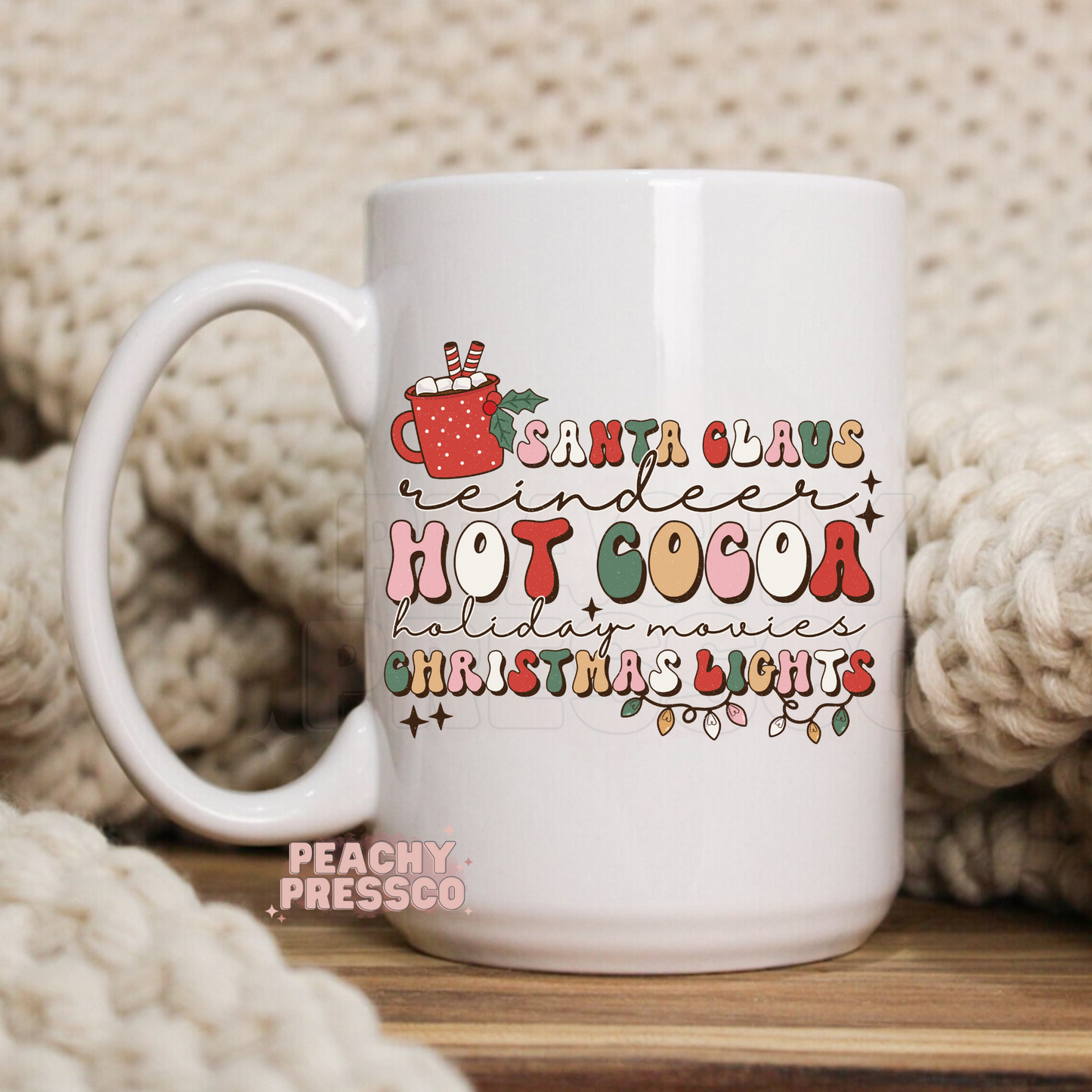 Christmas Lights & Hot Cocoa Mug – Festive Holiday Words Design