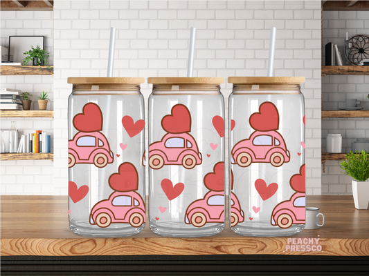 Pink Love Bug Glass Cup – 16oz Retro Car Tumbler with Hearts, Valentine’s Aesthetic