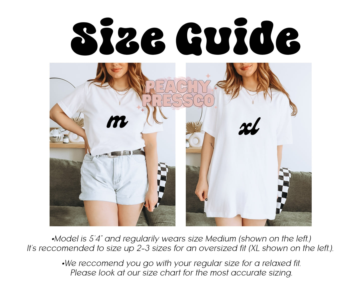 Size guide showing a person wearing a white t-shirt with size labels 'm' and 'xl'.
