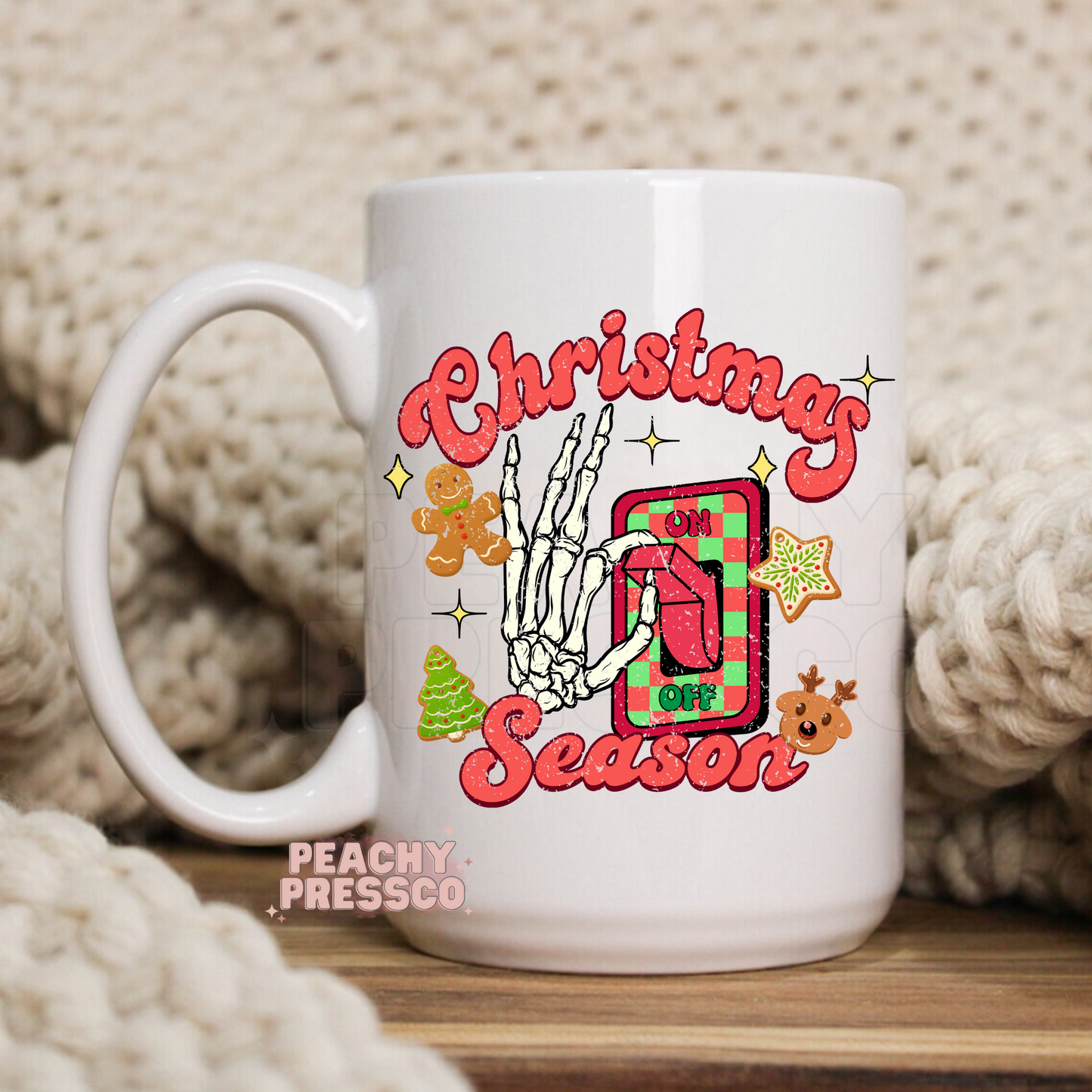 Skeleton Hand Christmas Season Mug – Funny Holiday On/Off Switch Design