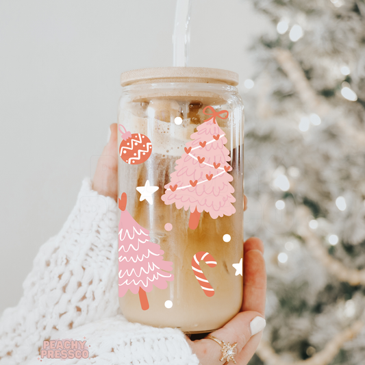 Pink Christmas Tree Glass Cup with Candy Canes & Holiday Magic 16oz