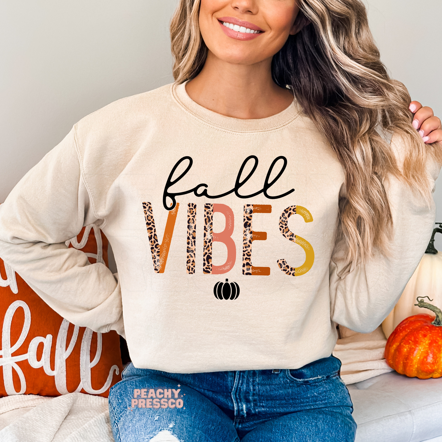 Fall Vibes Script Sweatshirt – Animal Print Lettering, Pumpkin Apparel